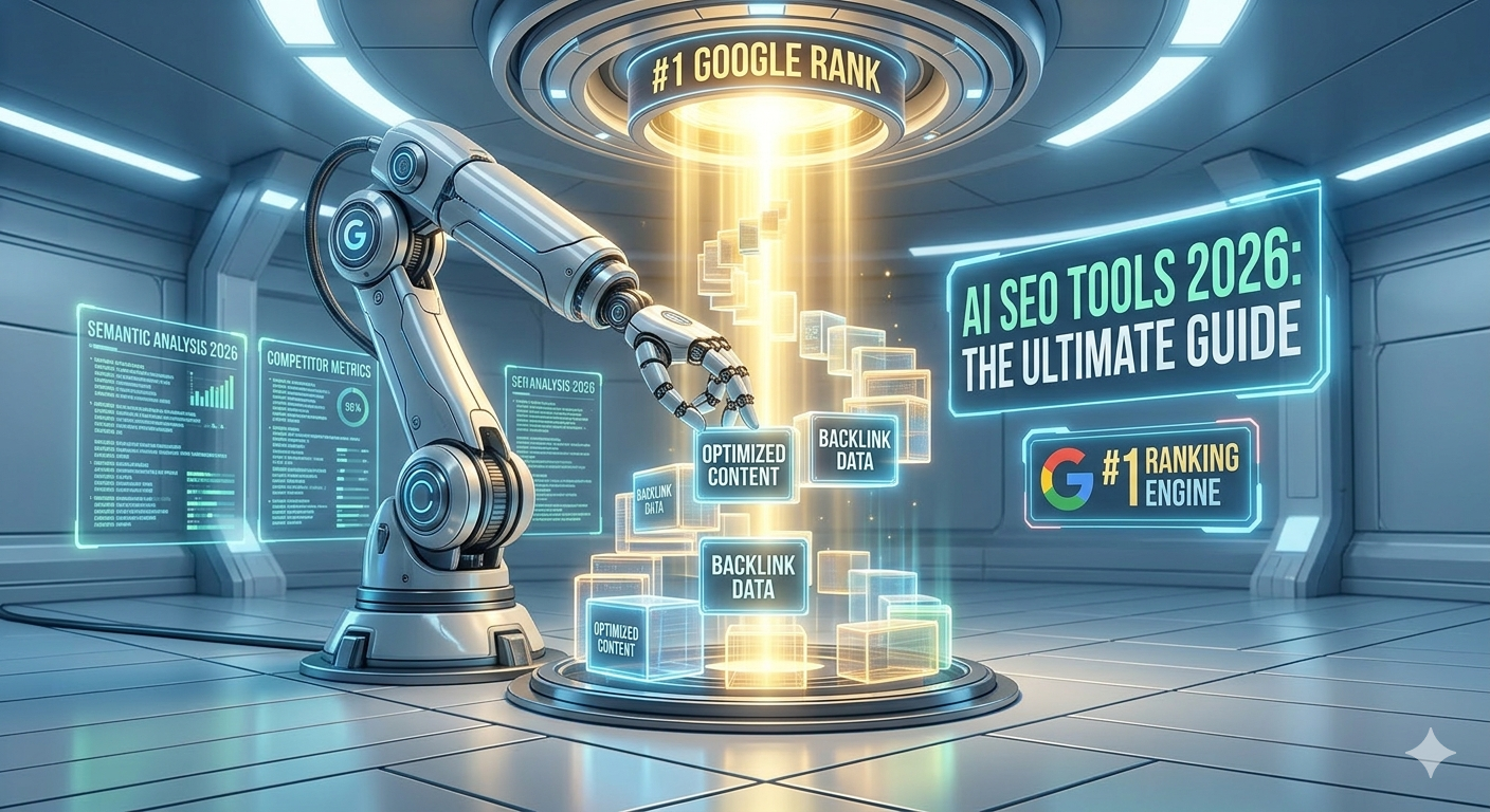 A 2026 robotic assembly arm with metallic plating and blue light accents constructs a rising spiral structure of glowing data blocks like 