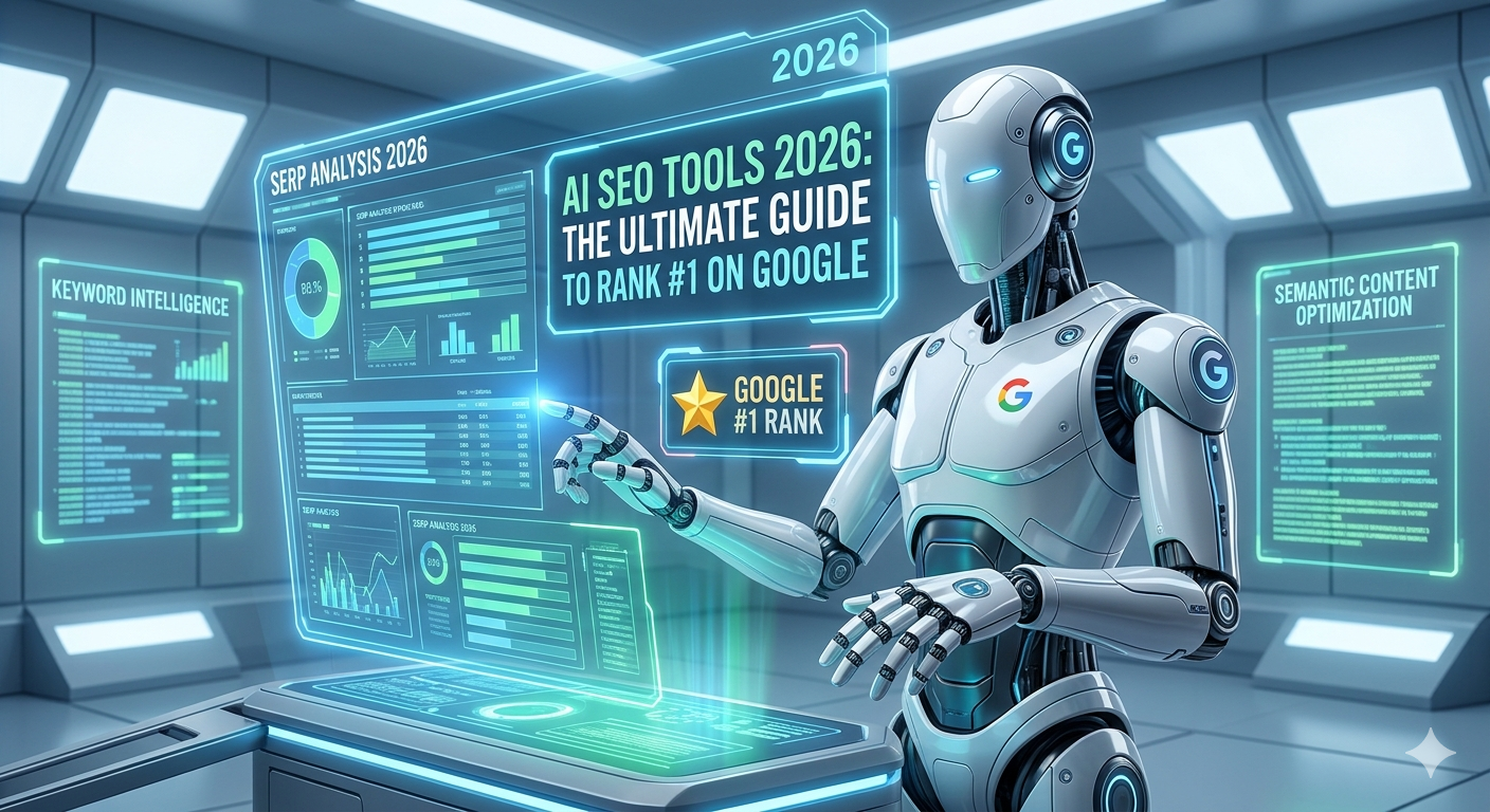 A 2026 futuristic bipedal robot with silver and white plating interacts with glowing holographic interfaces. The displays show 